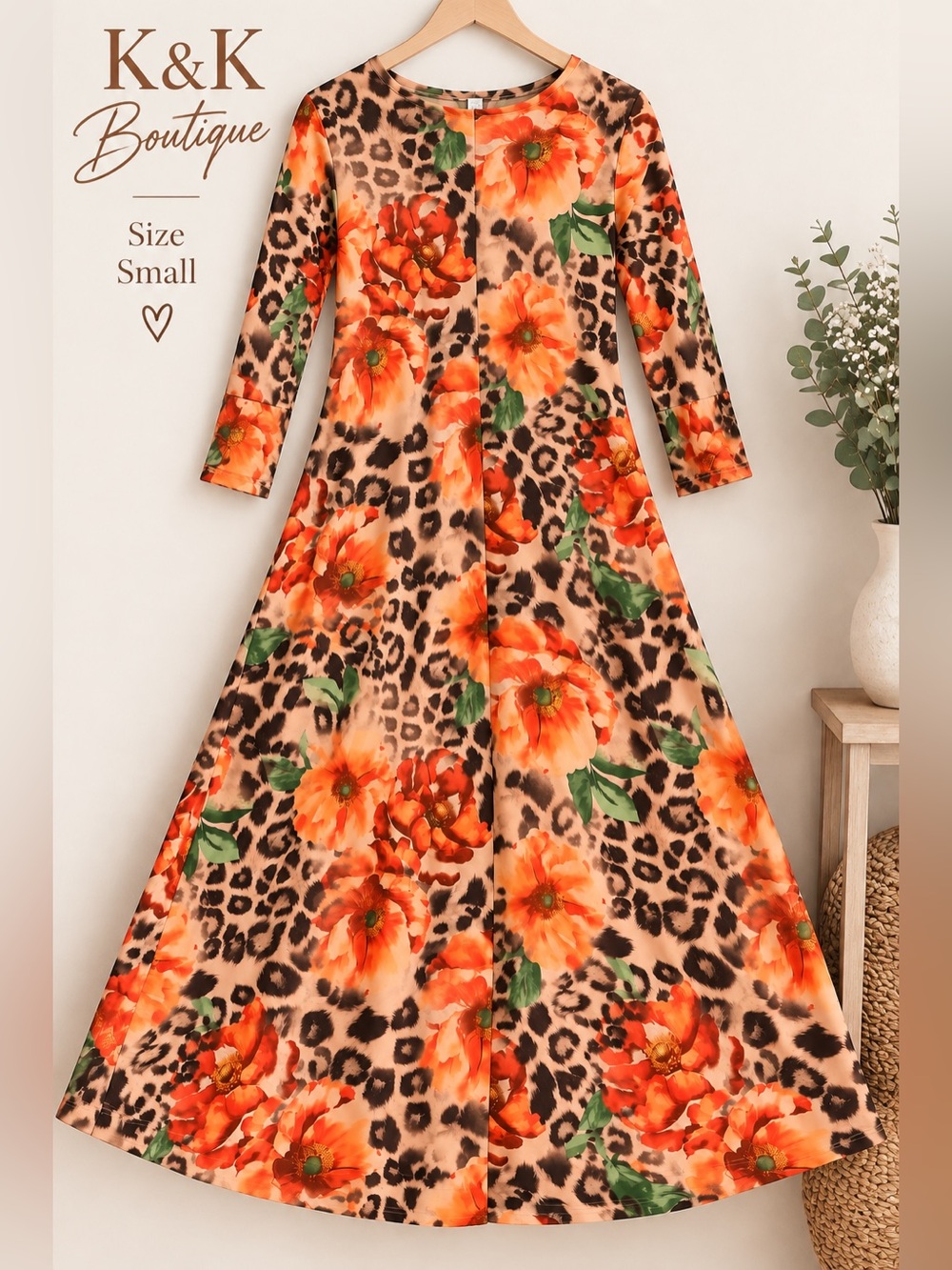 K&K Boutique Leopard Floral Modest Dress – Size Small – NWT